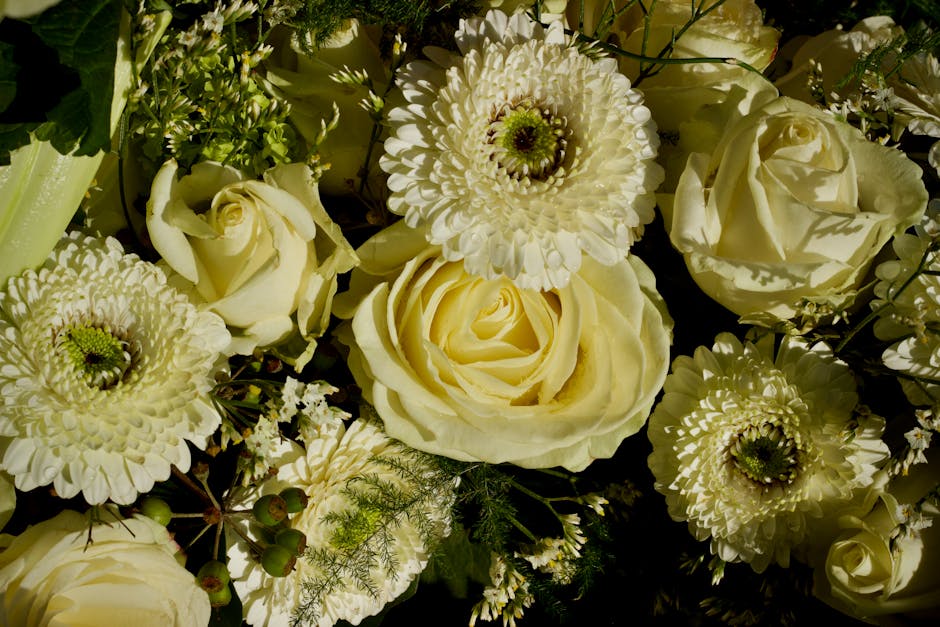 A close-up view of a floral arrangement featuring creamy white roses with softly curled petals, and delicate white gerbera daisies with layered, ruffled petals and dark centers. The bouquet also inclu