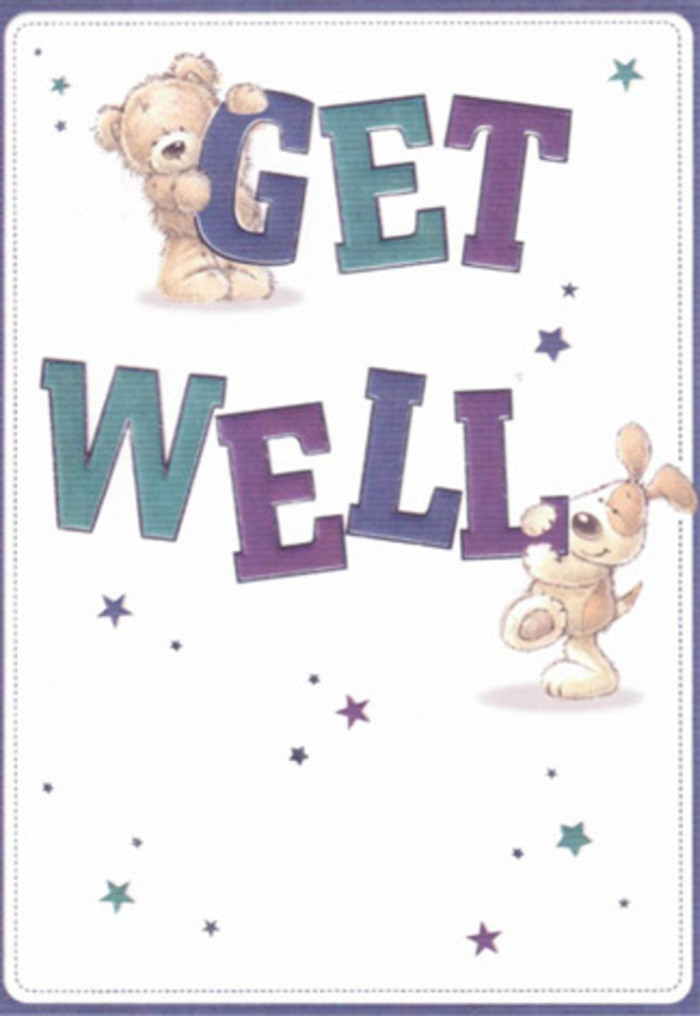 A tender celebration of encouragement, this get well card showcases a lovable bear and a cheerful puppy, companions in comfort much like friends chatting on Station Lane in Hornchurch. The two figures, rendered with expert warmth, appear to lift the 'Get Well' wish between them, each surrounded by glimmering, playful stars in a palette of indigo and aquamarine. Their soft, expressive fur beckons a sense of touch, recalling the plush texture of blooms-like hyacinths and freesias-hand-selected for healing bouquets by Hornchurch Florist. The card's clear, radiant backdrop speaks of clarity and freshness, qualities that underscore the gentle reassurance and support it conveys. In every lively letter and detail, there's the presence of skilled artistry and a local's love, transforming a simple gesture into a heartfelt celebration of hope. Sending this card with a flower delivery across Emerson Park, one can sense the uplift it brings, lighting up recovery with sweetness and a spark of community spirit.