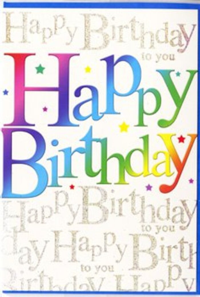 In this image, a joyful birthday card is shown from the front, its artwork radiating warmth much like a colourful window display in Hornchurch on a sunny afternoon. The central text reads Happy Birthday in bold, rounded letters that dominate the design without feeling heavy. Each letter is filled with a luminous gradient, starting with shades of deep crimson and rose, flowing through sunset orange and mellow yellow, before cooling into fresh green, aqua blue, and finally rich indigo and violet. These colours blend seamlessly into each other, with no abrupt edges, creating a gentle, almost airbrushed effect that adds dimension to the message. Small, scattered stars and dot-like accents in similar rainbow tones are sprinkled lightly around the lettering, giving the impression of floating confetti or tiny bursts of fireworks, perfect for marking a special occasion in a home near Harrow Lodge Park. The background is a soft neutral shade, possibly cream, over which fine lines of gold-coloured script repeat the phrase Happy Birthday to you. This script is rendered in flowing cursive, evenly spaced so that it forms a subtle, decorative pattern rather than a block of text. The gold ink seems to have a metallic or foil quality, catching ambient light with a delicate, sophisticated gleam. This shimmer adds depth and a touch of glamour without cluttering the overall design. The card surface appears smooth and slightly glossy, enhancing both the intensity of the rainbow letters and the reflective quality of the gold. The effect is that of a thoughtfully designed birthday card, blending playful vibrancy with elegant detail, ready to accompany a hand-delivered bouquet from a trusted Hornchurch florist to celebrate someone's special day.