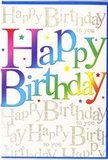 The birthday card pictured captures the joyful spirit of a celebration, the kind that might begin with a knock at the door and a bouquet plus card arriving at a Hornchurch address. Dominating the front is the greeting Happy Birthday, written in large, rounded letters that stretch invitingly across the width of the card. Rather than being a single colour, each letter carries a smooth, shifting gradient, moving from juicy reds and pinks into bright citrus oranges and yellows, then drifting into fresh greens, cool blues, and regal purples. The colours melt into one another like the petals in a carefully curated mixed arrangement, giving the wording a sense of depth and gentle movement. Dotted around the main text are tiny decorative stars and specks in coordinating rainbow shades, creating the impression of confetti suspended in mid-air or sparkling lights at a birthday gathering near Ardleigh Green. The background itself is softly coloured-likely a light cream or white-overlaid with elegant lines of gold script that repeat the words Happy Birthday to you. This script is drawn in looping cursive, delicate and rhythmic, forming a shimmering pattern that adds richness without distracting from the central message. The gold has a subtle sheen, suggesting a foil or metallic ink that catches the light as the card is tilted in the hand. The overall finish looks smooth and fine-grained, with just enough gloss to make the colours pop. Together, the rainbow lettering, confetti details, and golden script create a design that feels both festive and refined, a perfect partner to birthday flowers delivered across Hornchurch and its nearby neighbourhoods.