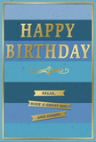 This thoughtfully designed birthday card blends cool blue tones with warm gold detailing in a way that feels both modern and timeless, much like the calm residential streets around Hornchurch. The card's background consists of broad, horizontal stripes that progress through a range of blues: starting with a deep, almost midnight navy at the bottom, shifting through softer denim and teal, and ending with a pale, airy blue near the top. These layered shades create a sense of depth and tranquility, reminiscent of watching the daylight fade over Harrow Lodge Park. At the center of the card, the greeting HAPPY BIRTHDAY is embossed in bold capital letters of metallic gold. The foil glows softly when it catches the light, adding a festive yet refined touch against the cooler background. Just below the main message sits an elegant golden flourish, its gentle curves suggesting careful, classic craftsmanship. Beneath that flourish, three neat gold banners are stacked vertically, each ribbon holding part of a simple, heartfelt instruction: Relax, have a great day and enjoy! All of the gold elements, from the letters to the banners, have a subtly raised texture that stands out against the matte smoothness of the blue bands. A delicate gold border frames the entire design, providing a sense of completeness and care. It's easy to picture this card displayed beside a vase of fresh birthday flowers from Hornchurch Florist, perhaps on a dining table near Ardleigh Green, its mix of calming blues and celebratory gold quietly inviting the recipient to savour a peaceful, joy-filled birthday.